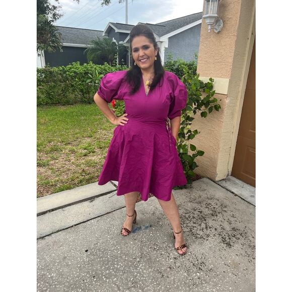 3.1 PHILLIP LIM Purple A-Line V-Neck Puff Sleeves Godet Belted Dress Size 2 - Picture 11 of 12